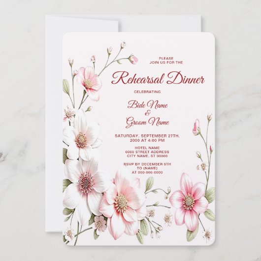 Elegant roze witte bloemenrepetitiediner kaart (Voorkant)