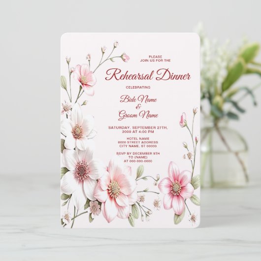 Elegant roze witte bloemenrepetitiediner kaart (Staand voorkant)