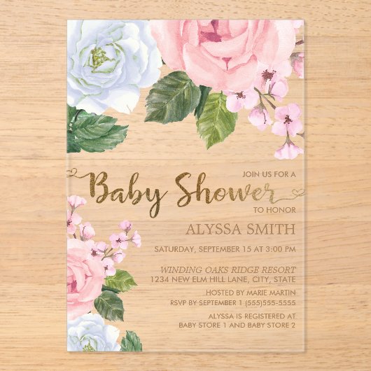 Elegant roze witte Floral Rozen Baby shower van he Acryl Uitnodigingen (Voorkant)