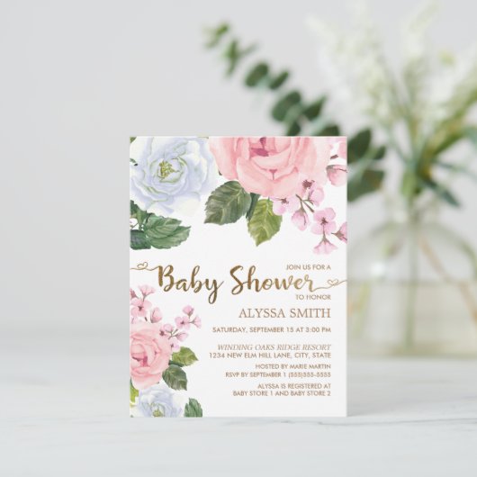 Elegant roze witte Floral Rozen Baby shower van he Kaart (Staand voorkant)