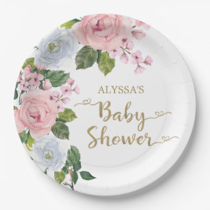 Elegant roze witte Floral Rozen Baby shower van he Papieren Bordje