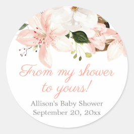 Elegant roze witte florale lileuzen baby shower ronde sticker
