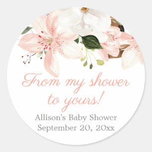 Elegant roze witte florale lileuzen baby shower ronde sticker