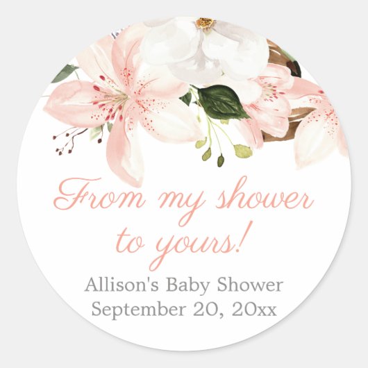 Elegant roze witte florale lileuzen baby shower ronde sticker (Voorkant)