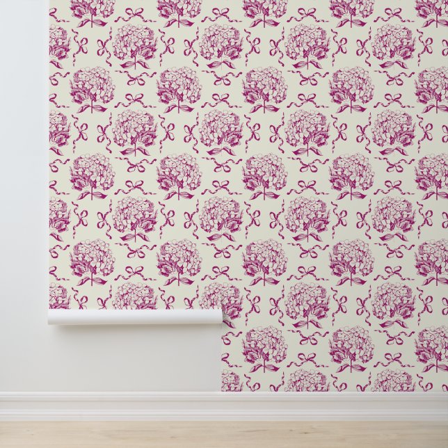 Elegant  Roze Witte Hydrangea Bow Pattern Behang (Applicatie)
