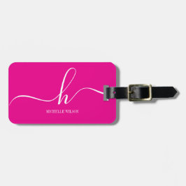 Elegant Roze Witte Monogram Initiaal Script Naam Bagagelabel