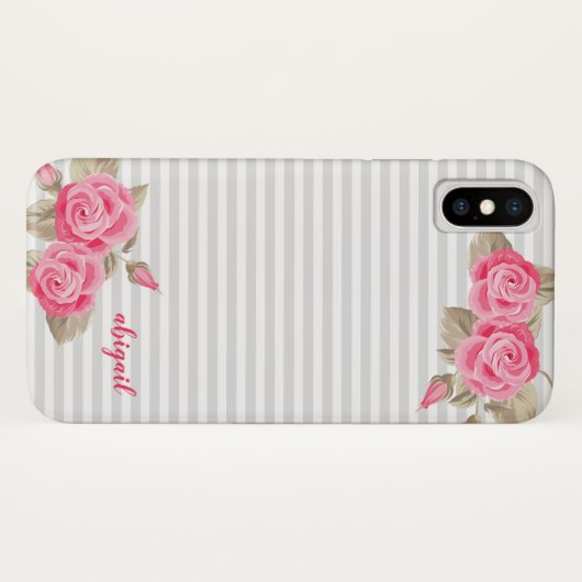 Elegant roze & witte rozen en monogram naam Case-Mate iPhone case (Achterkant (horizontaal))