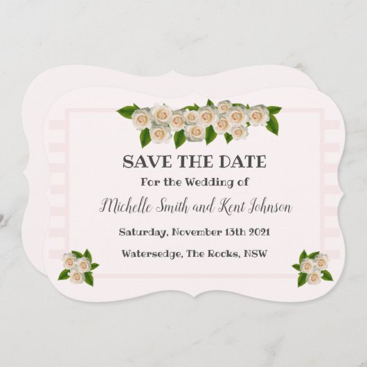 Elegant roze witte rozen sparen de Datum Save The Date (Voorkant / Achterkant)