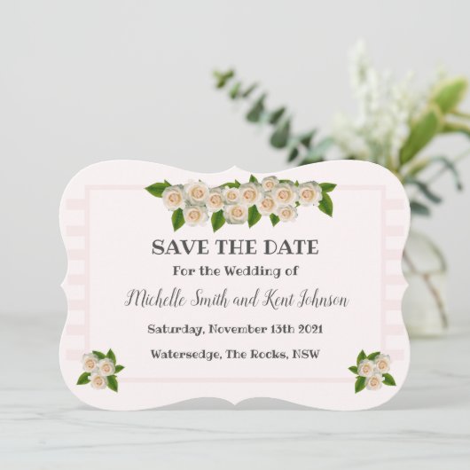 Elegant roze witte rozen sparen de Datum Save The Date (Staand voorkant)