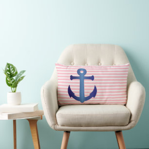 Elegant roze witte strepen Patroonblauw anker Kussen