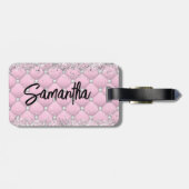 Elegant roze zilver glinsterende glans monogram bagagelabel (Achterkant horizontaal)