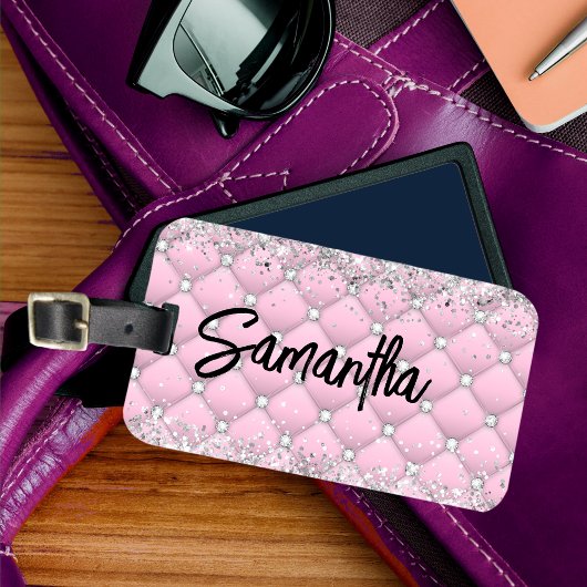 Elegant roze zilver glinsterende glitter monogram bagagelabel