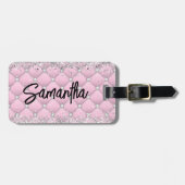 Elegant roze zilver glinsterende glitter monogram bagagelabel (Voorkant horizontaal)
