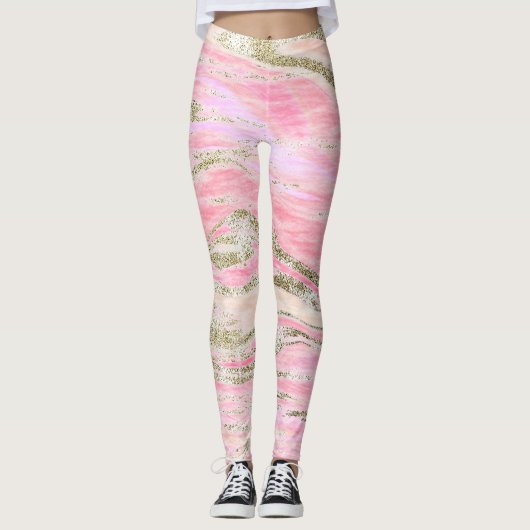Elegant roze zilver Glitter Marble Pattern Chic Leggings (Voorkant)