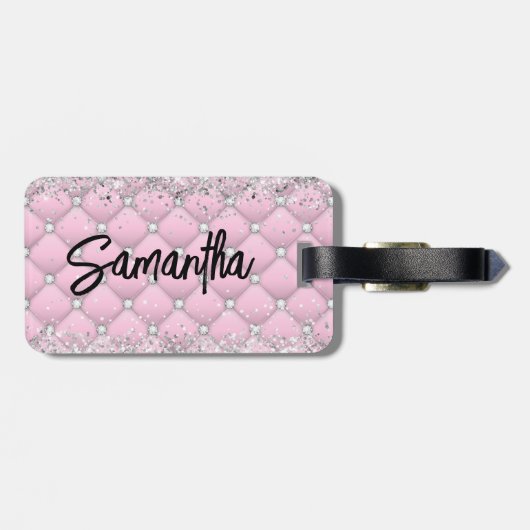 Elegant roze zilver sparkly glitter monogram bagagelabel (Achterkant horizontaal)