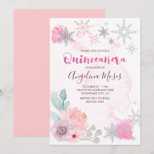 Elegant Roze Zilver Winter Wonderland Quinceanera Kaart (Voorkant / Achterkant)