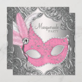 Elegant roze zilveren masker Masquerade Party Kaart (Voorkant / Achterkant)