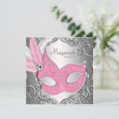 Elegant roze zilveren masker Masquerade Party Kaart (Staand voorkant)