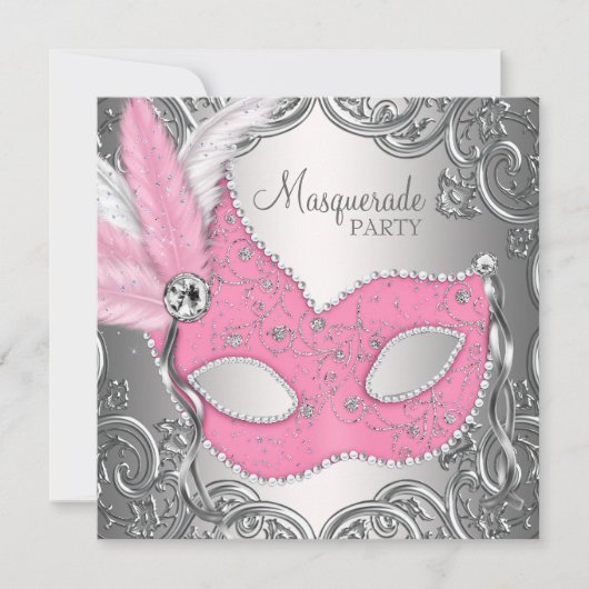 Elegant roze zilveren masker Masquerade Party Kaart (Voorkant)
