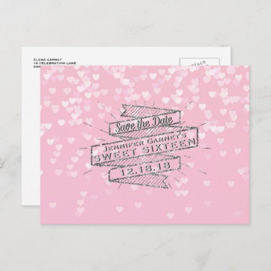 Elegant Roze Zoet 16 Verjaardag Save the Date Aankondigingskaart (Voorkant / Achterkant)