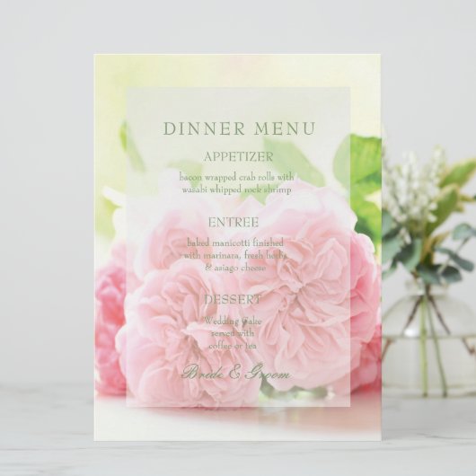 Elegant Roze Zomer Roos Bruiloft Menu (Staand voorkant)