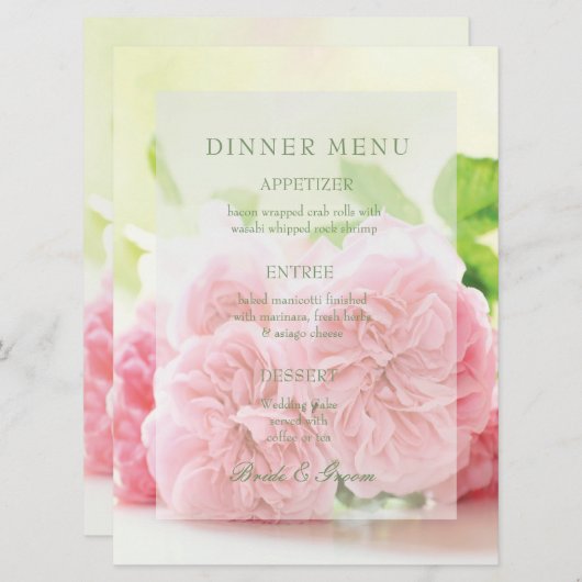 Elegant Roze Zomer Roos Bruiloft Menu (Voorkant / Achterkant)