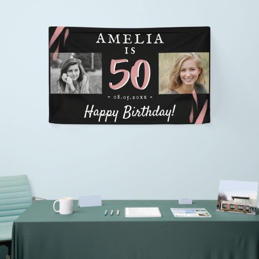 Elegant roze zwart 50th Birthday 2 Fotoachtergrond Spandoek (Beurs)
