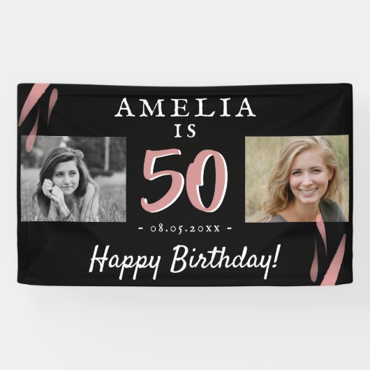 Elegant roze zwart 50th Birthday 2 Fotoachtergrond Spandoek (Horizontaal)