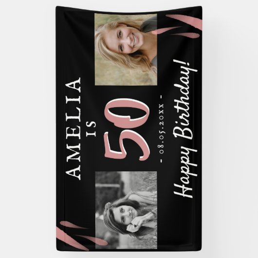 Elegant roze zwart 50th Birthday 2 Fotoachtergrond Spandoek (Verticaal)