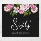 Elegant Roze Zwart 60e Verjaardag Bloemen Sparkling Wijnetiket (Enkel label)