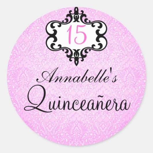 Elegant Roze/Zwart Chique Damask Quinceañera Stick Ronde Sticker (Voorkant)