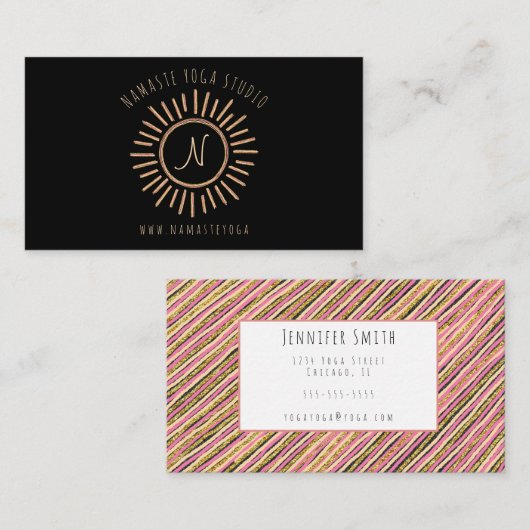 Elegant roze zwart-geel gouden zonnemonogram visitekaartje (Voorkant / Achterkant)