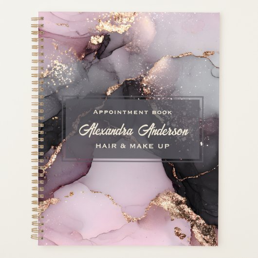 Elegant roze zwart goud glitter agaat marmer planner (Voorkant)