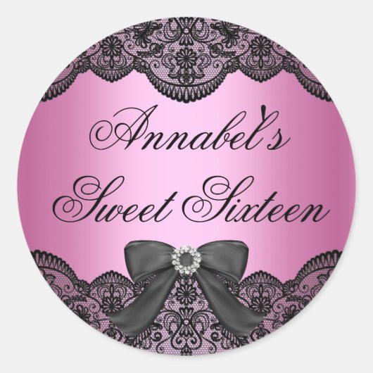 Elegant Roze & Zwart Kant Sweet 16 Sticker (Voorkant)