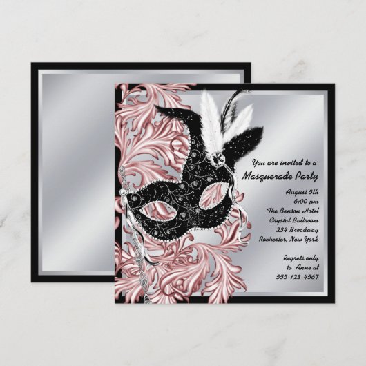 Elegant Roze Zwart Masquerade Party Kaart (Voorkant / Achterkant)
