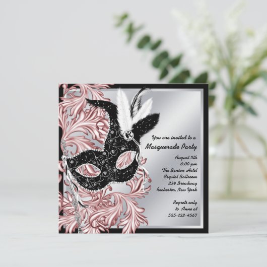 Elegant Roze Zwart Masquerade Party Kaart (Staand voorkant)