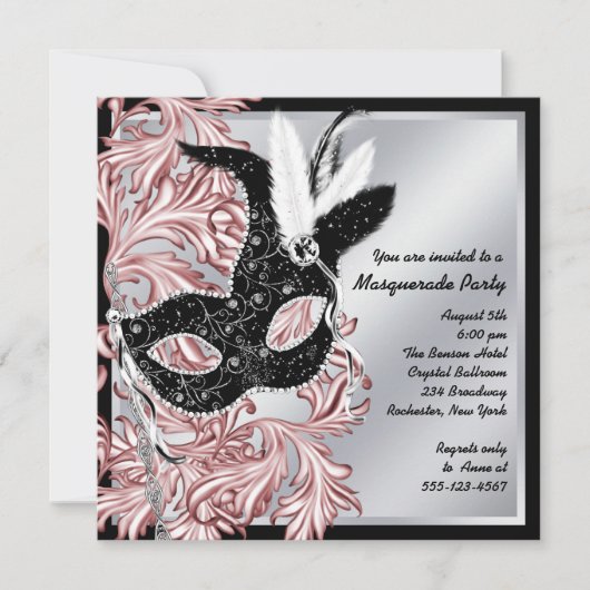 Elegant Roze Zwart Masquerade Party Kaart (Voorkant)