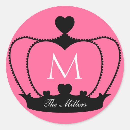Elegant Roze & Zwart Monogram Kroon Sticker (Voorkant)