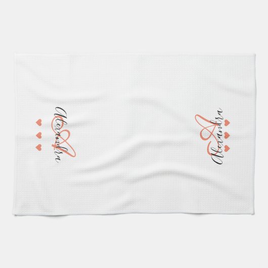 Elegant Roze Zwart Script Naam Monogram Theedoek (Horizontaal)