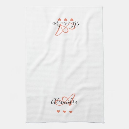 Elegant Roze Zwart Script Naam Monogram Theedoek (Verticaal)