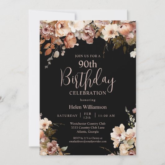 Elegant Roze Zwart Waterverf Bloemen 90ste Verjaar Kaart (Voorkant)