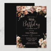 Elegant Roze Zwart Waterverf Bloemen 90ste Verjaar Kaart (Voorkant / Achterkant)