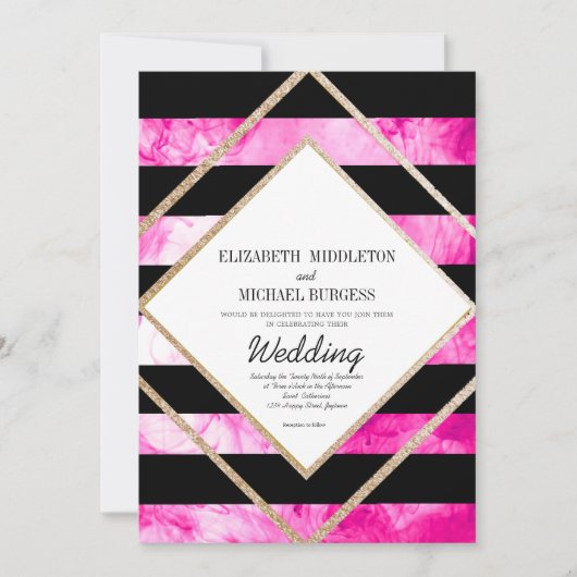 Elegant roze zwart-wit en kopergouden bruiloft kaart (Voorkant)