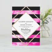 Elegant roze zwart-wit en kopergouden bruiloft kaart (Staand voorkant)
