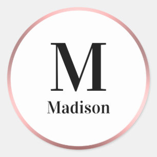 Elegant Roze Zwart-Wit Monogram met Naam Ronde Sticker