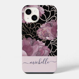 Elegant Roze & Zwarte Bloemige Monogram iPhone 14 Hoesje
