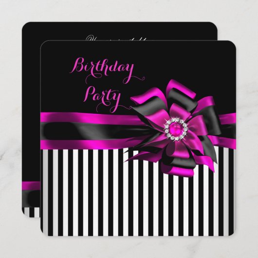 Elegant roze zwarte boeg gestreept op Birthday par Kaart (Voorkant / Achterkant)
