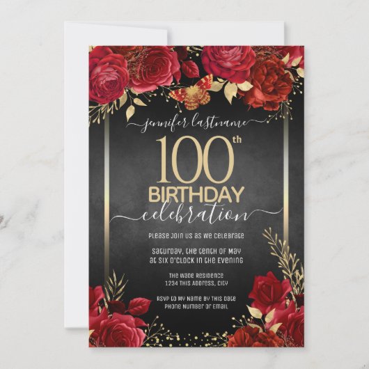 Elegant Rozen 100th Birthday Invitation Kaart (Voorkant)