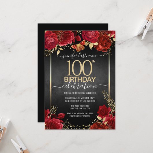 Elegant Rozen 100th Birthday Invitation Kaart (Voorkant / Achterkant in situ)