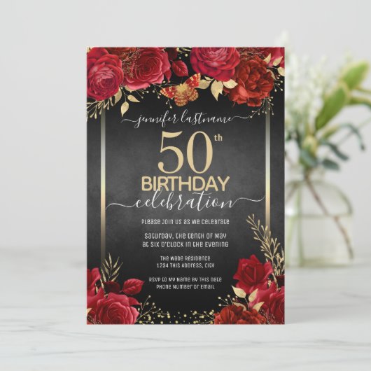 Elegant Rozen 50e uitnodiging op de verjaardag van (Staand voorkant)